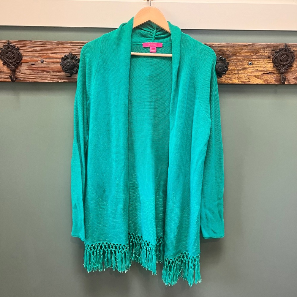 Lilly Pulitzer Womens Green Fringe Hem Open Front Cardigan Tatum Sweater Large
